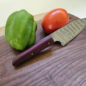 Handmade veggie chopper or cheese knife with patterned high-carbon steel