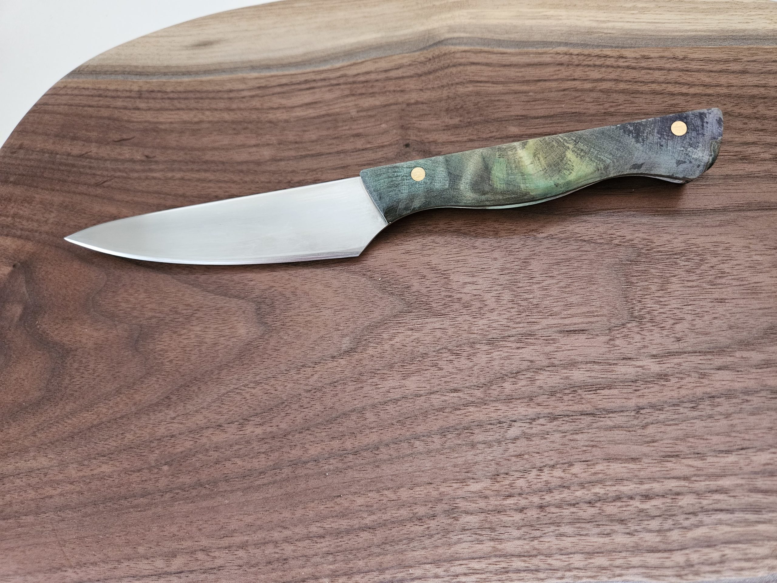 Versatile kitchen knife with 4" blade and green BUCKEYE BURLWOOD handle - handmade in Canada - Image 4
