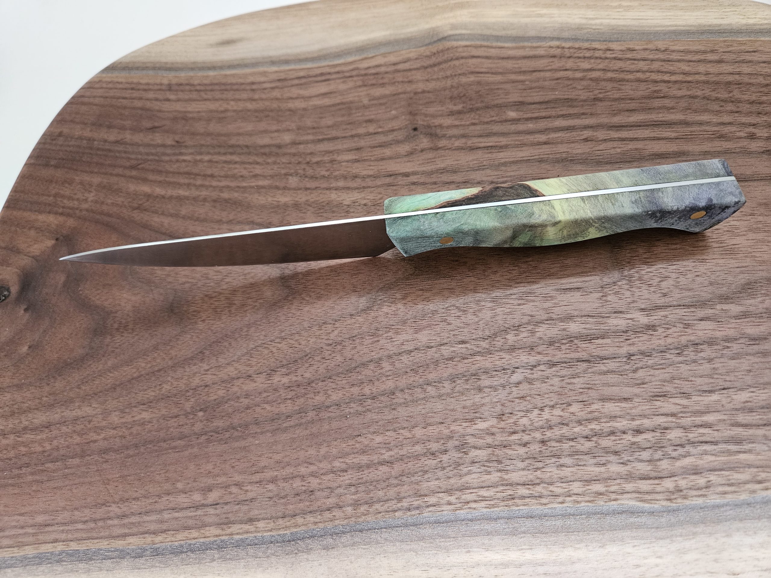 Versatile kitchen knife with 4" blade and green BUCKEYE BURLWOOD handle - handmade in Canada - Image 2