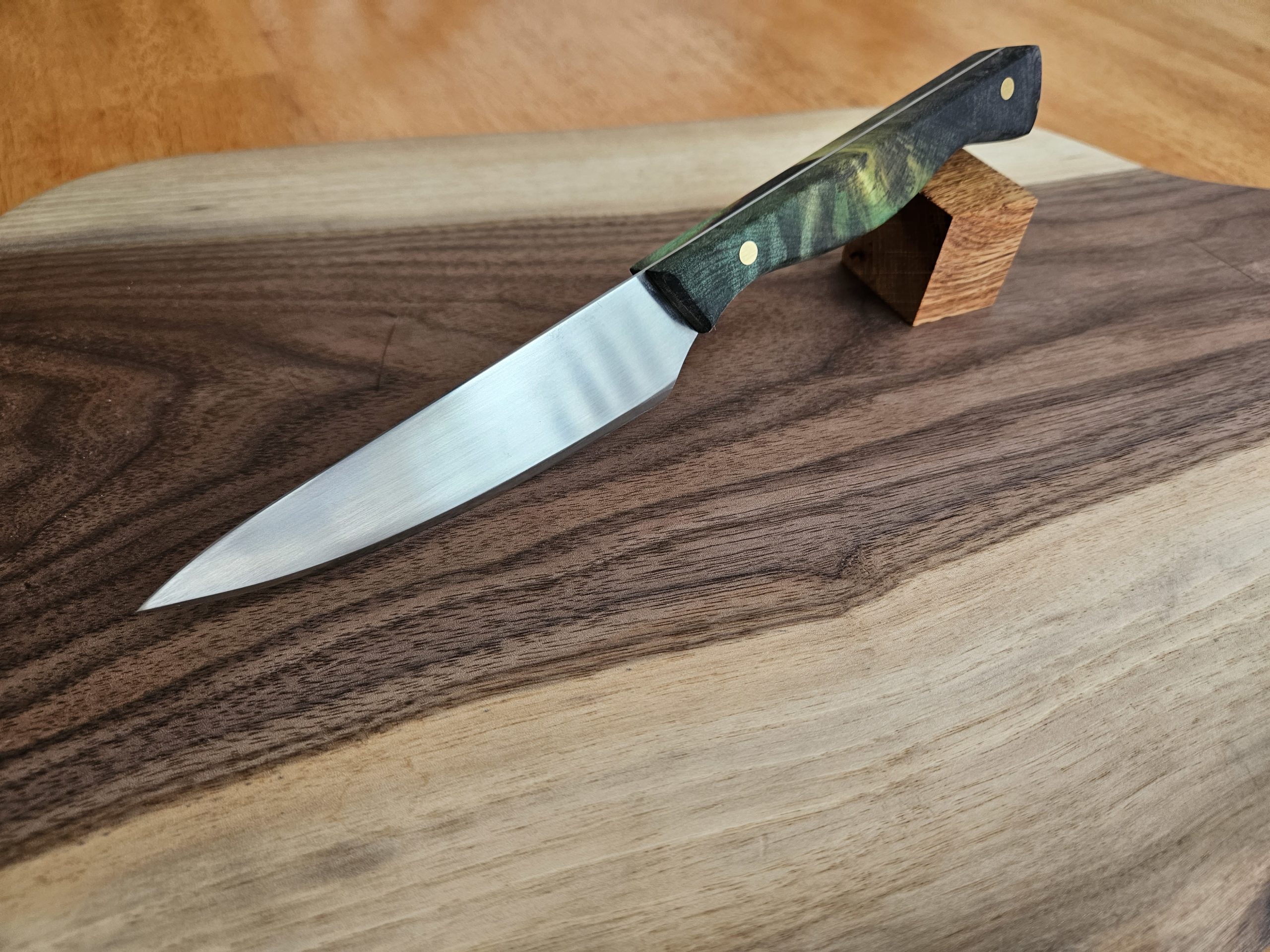Versatile kitchen knife with 4" blade and green BUCKEYE BURLWOOD handle - handmade in Canada - Image 5