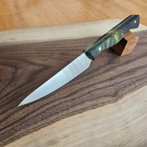 Versatile kitchen knife with 4" blade and green BUCKEYE BURLWOOD handle - handmade in Canada